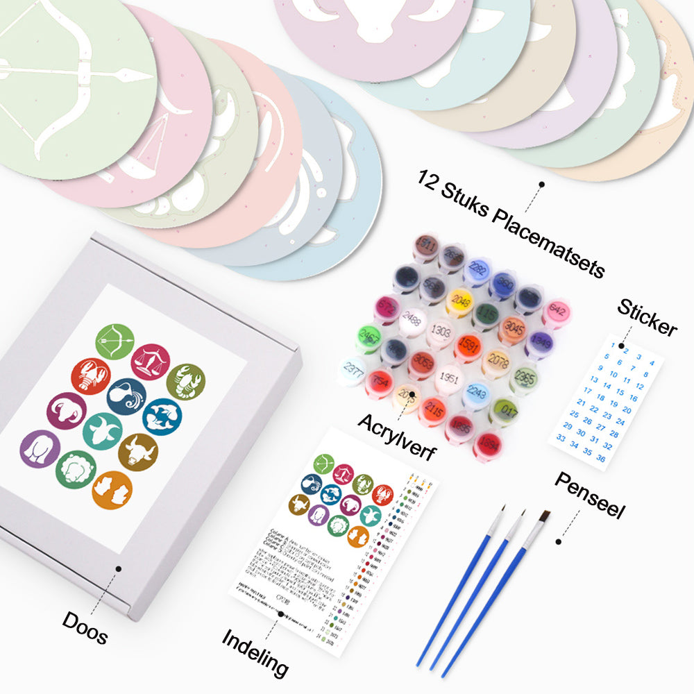 12 Stuks Cartoon Sterrenbeeld Logo Placemats Placemats Schilderen op Nummers
