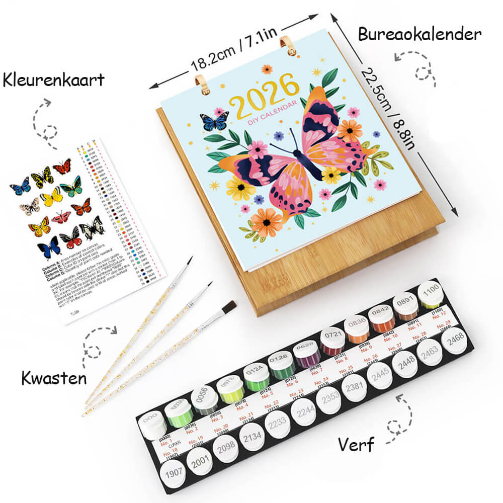 2026 Bureaukalender Schilderen op Nummers | Kleurrijke Vlinderspecimens