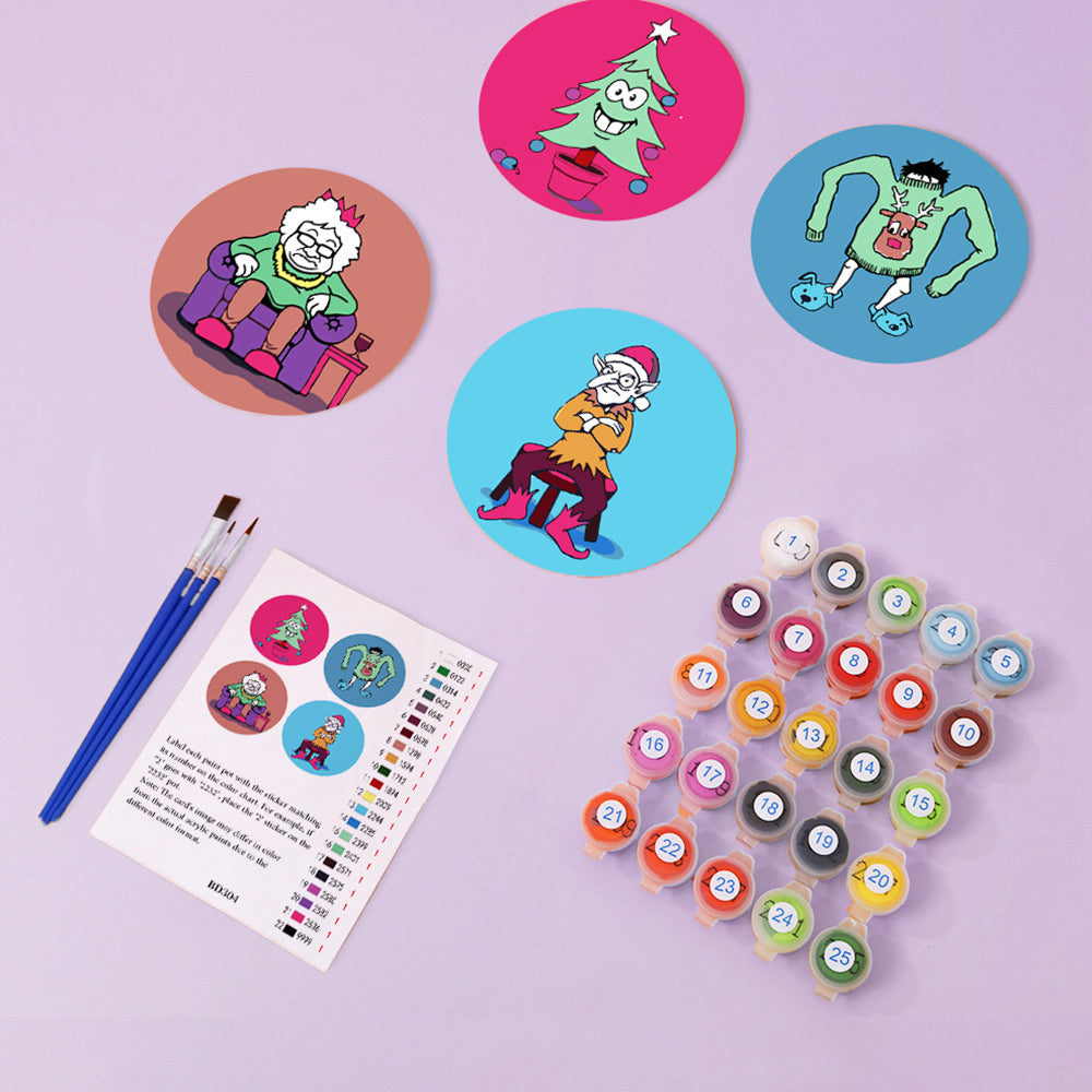 4 Stuks Cartoon Kerstfiguren Onderzetters Schilderen op Nummers