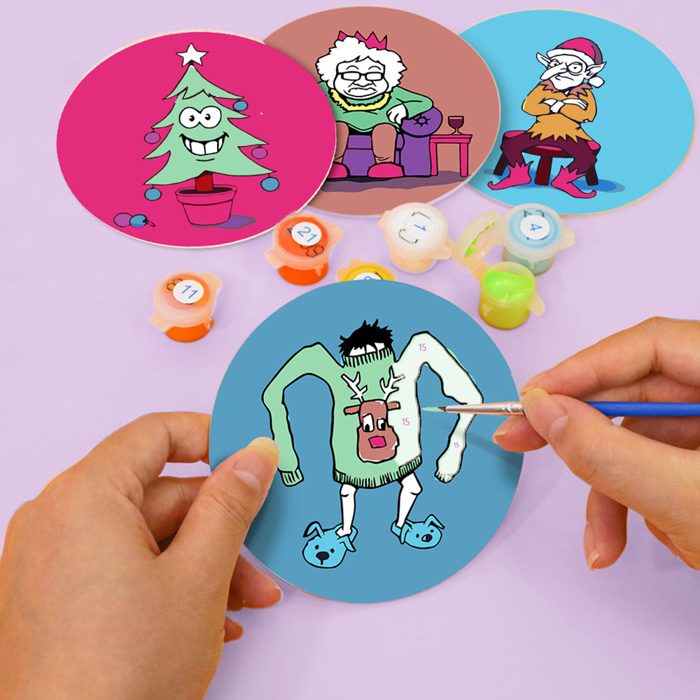 4 Stuks Cartoon Kerstfiguren Onderzetters Schilderen op Nummers