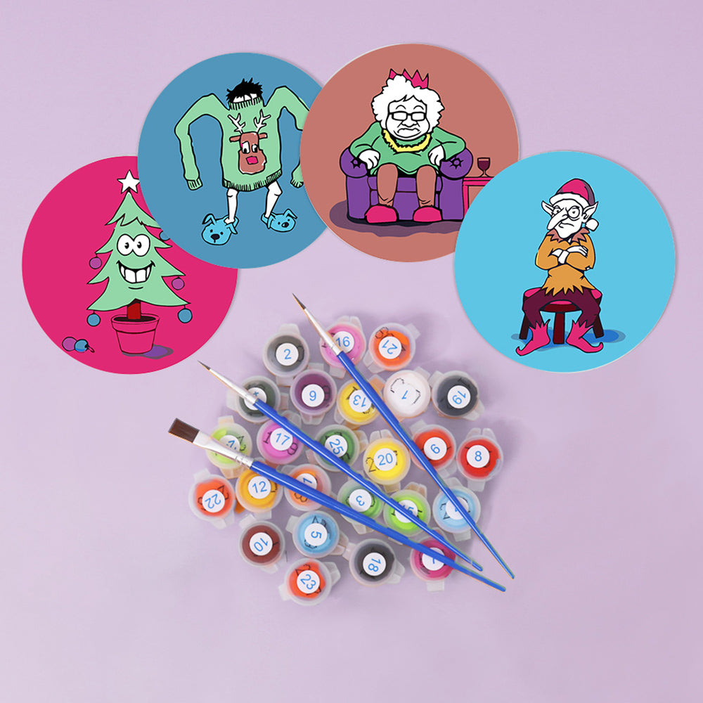 4 Stuks Cartoon Kerstfiguren Onderzetters Schilderen op Nummers