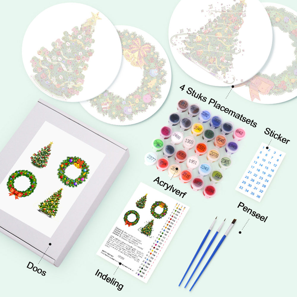 4 Stuks Kerstboom en Slinger Placemats Schilderen op Nummers