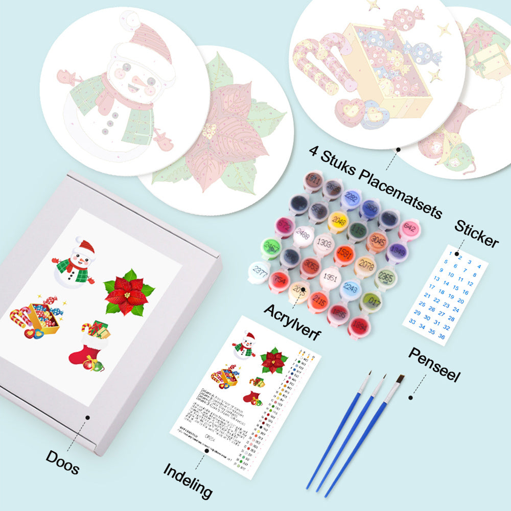 4 Stuks Kerstsnoep en Cadeau Placemats Schilderen op Nummers