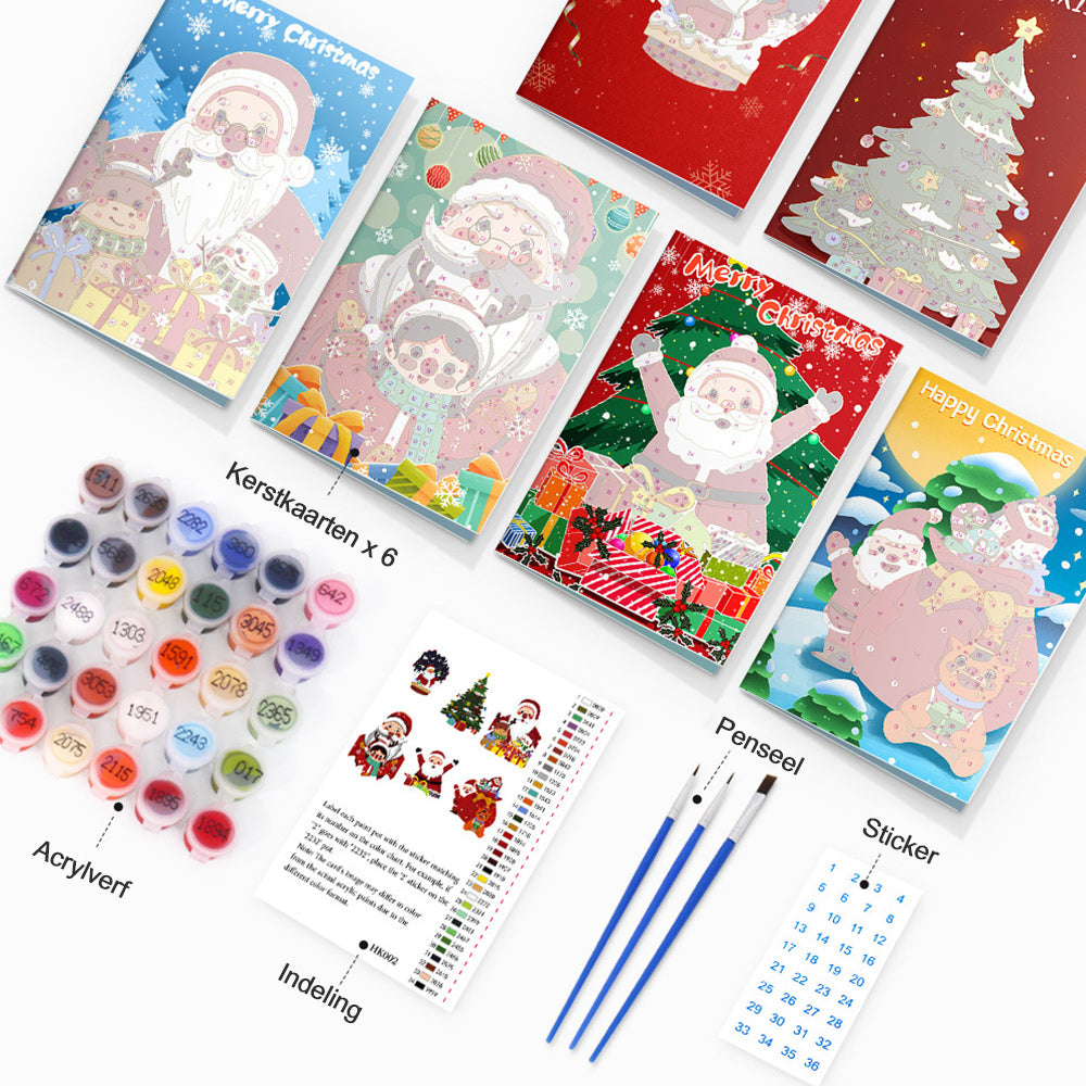 6 Kerstkaarten Schilderen op Nummers | Kerstman en Kerstboom