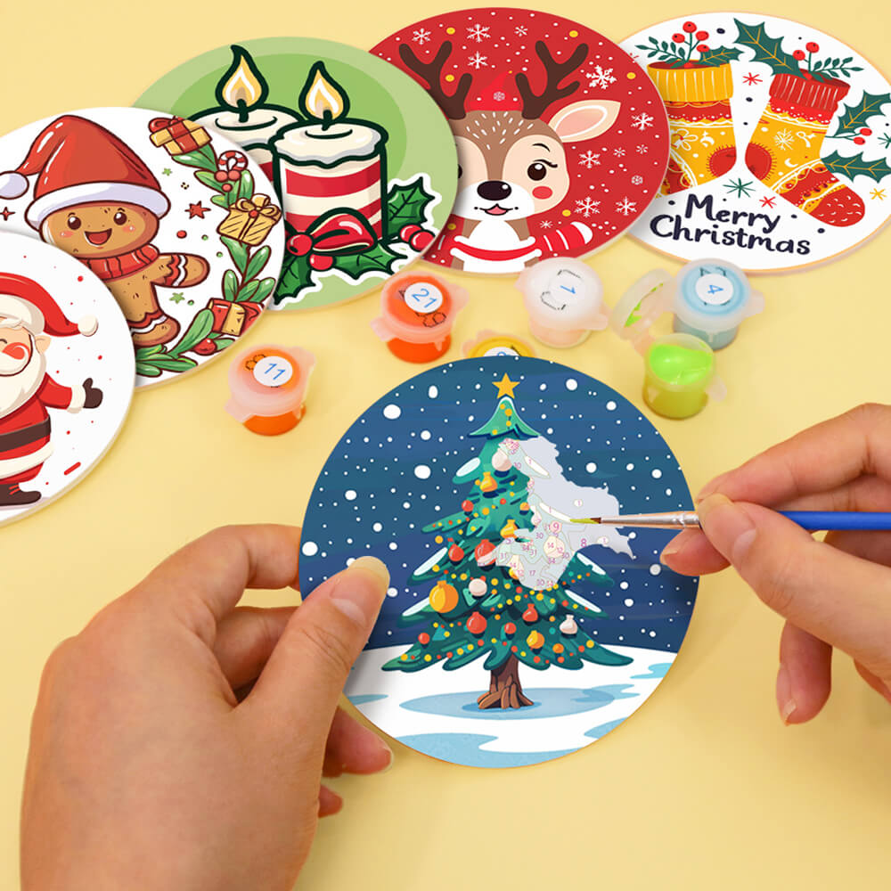 6 Stuks Cartoon Kerstmis Onderzetters Schilderen op Nummers