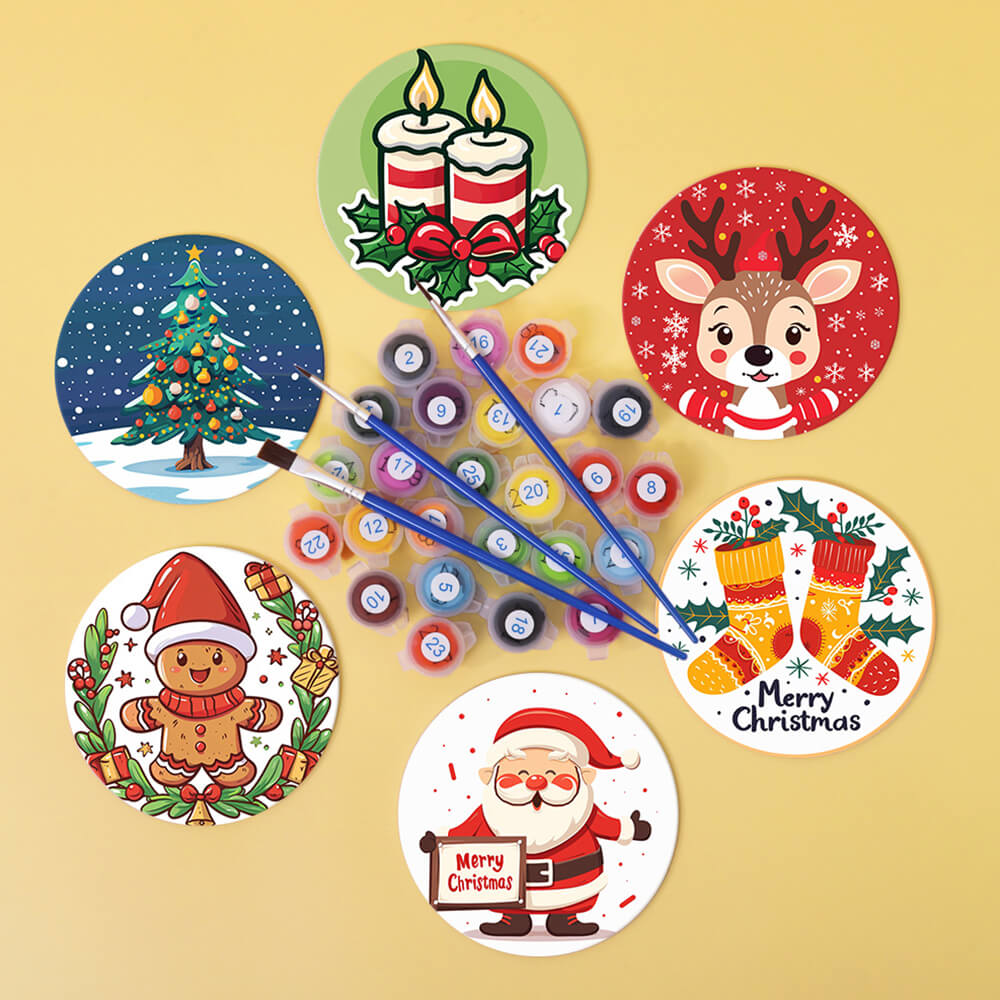 6 Stuks Cartoon Kerstmis Onderzetters Schilderen op Nummers