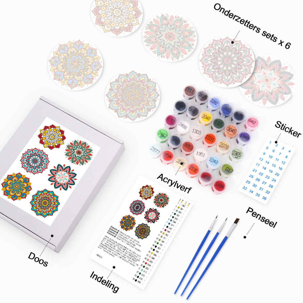 6 Stuks Lotusbloem Mandala Onderzetters Schilderen op Nummers