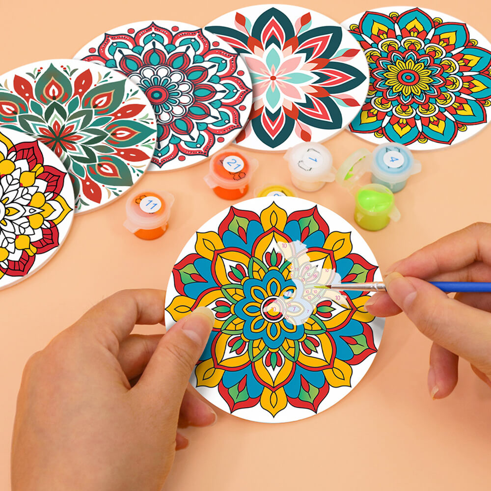 6 Stuks Lotusbloem Mandala Onderzetters Schilderen op Nummers