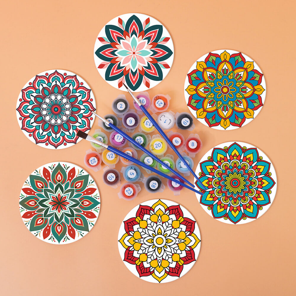 6 Stuks Lotusbloem Mandala Onderzetters Schilderen op Nummers