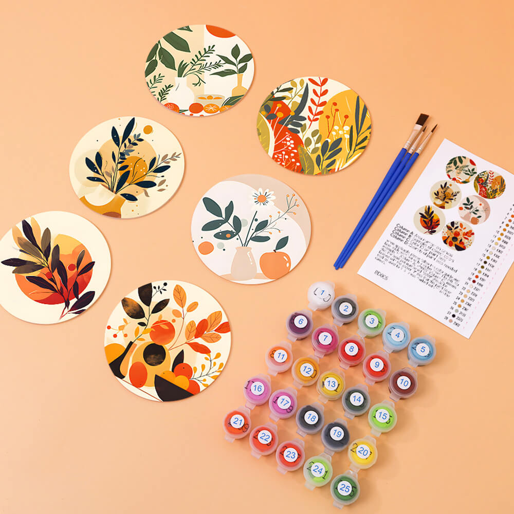 6 Stuks Potten met Herfstbladeren Onderzetters Schilderen op Nummers