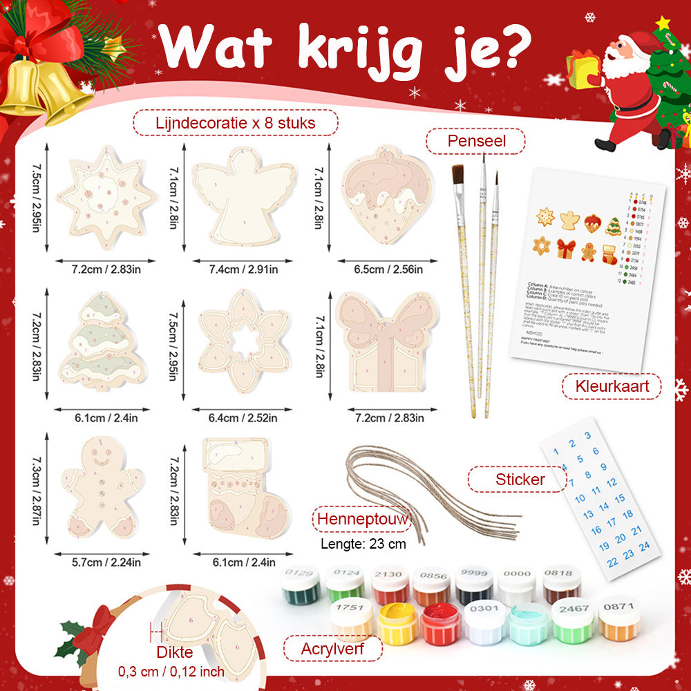 8 Stuks Kerstversiering Schilderen op Nummers | Aardbeientaart en Peperkoekmannetje Set