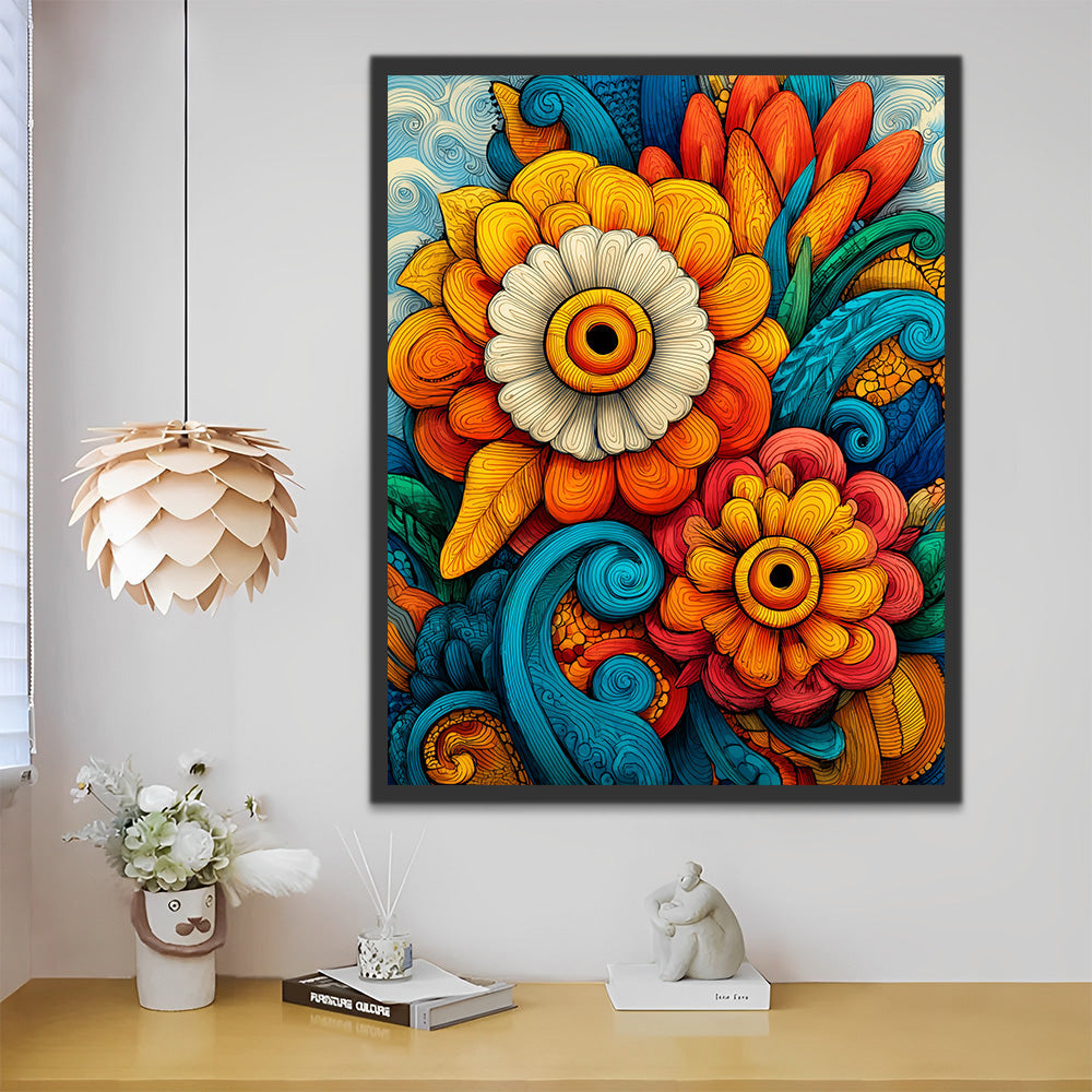 Abstracte Gedraaide Kleurrijke Chrysanten en Bladeren Schilderen op Nummers
