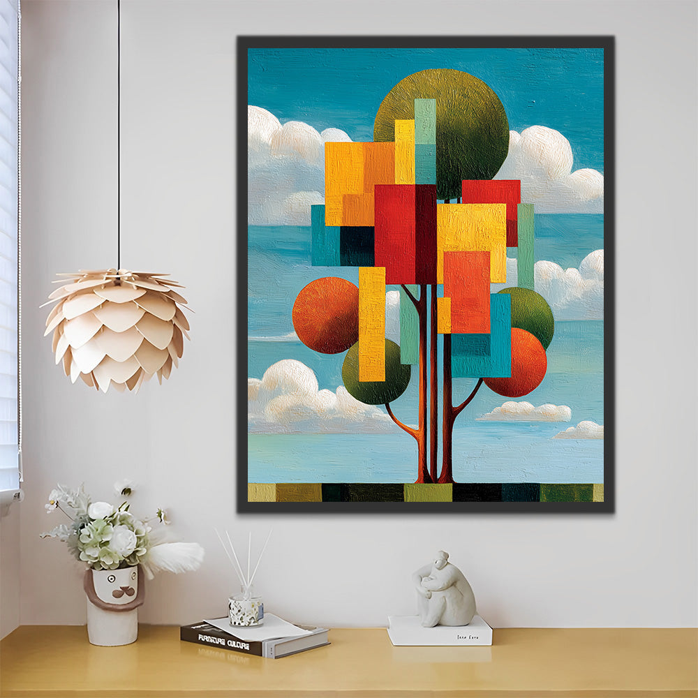 Abstracte Geometrische Boom onder Witte Wolken Schilderen op Nummers