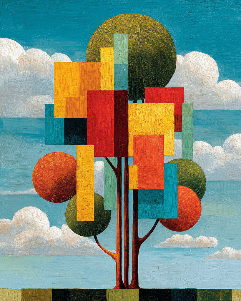 Abstracte Geometrische Boom onder Witte Wolken Schilderen op Nummers