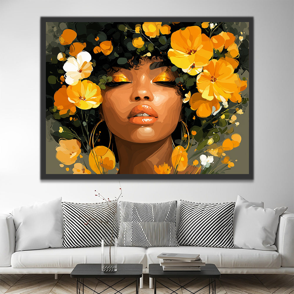Afrikaanse Vrouw en Gouden Bloemen Schilderen op Nummers