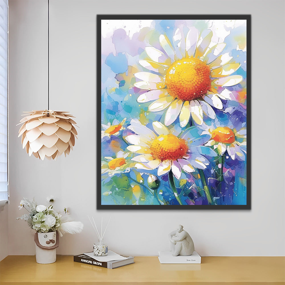 Aquarel Witte Chrysanten in Cartoonstijl Schilderen op Nummers