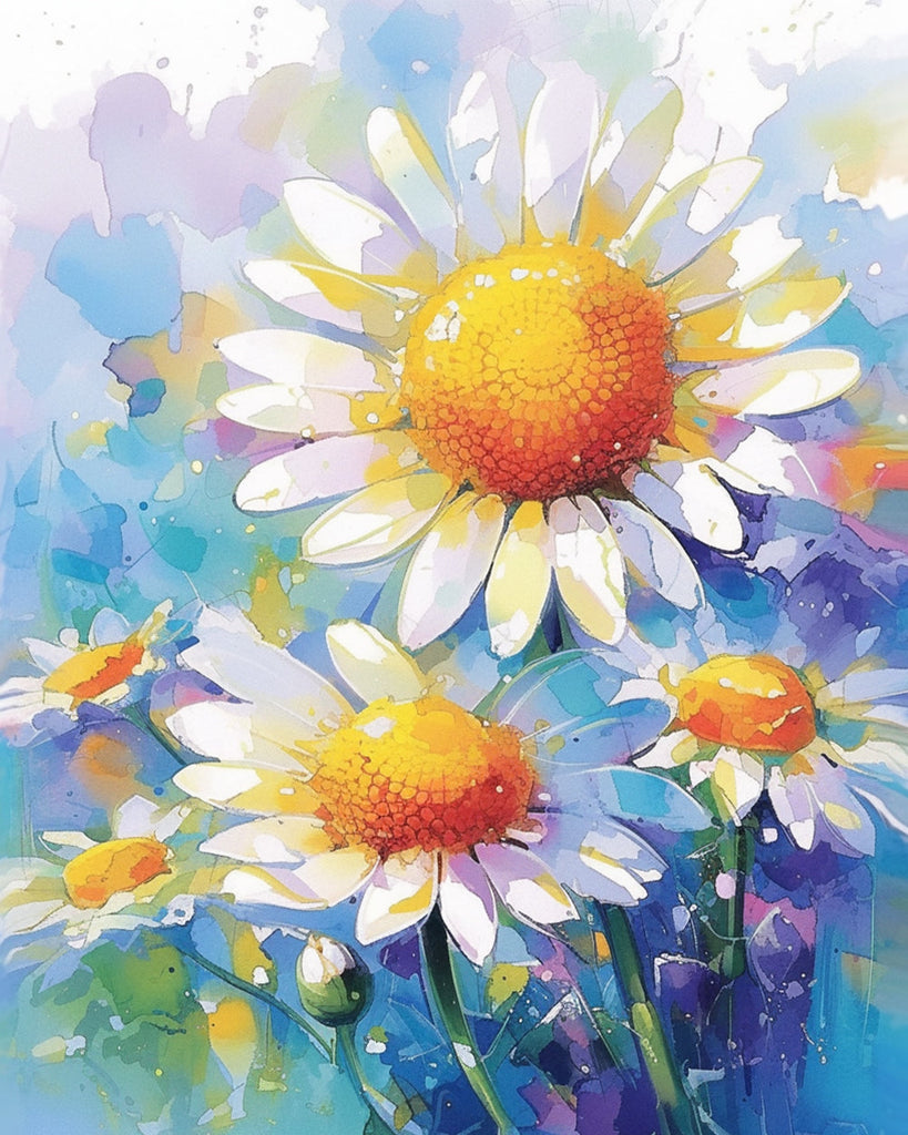 Aquarel Witte Chrysanten in Cartoonstijl Schilderen op Nummers