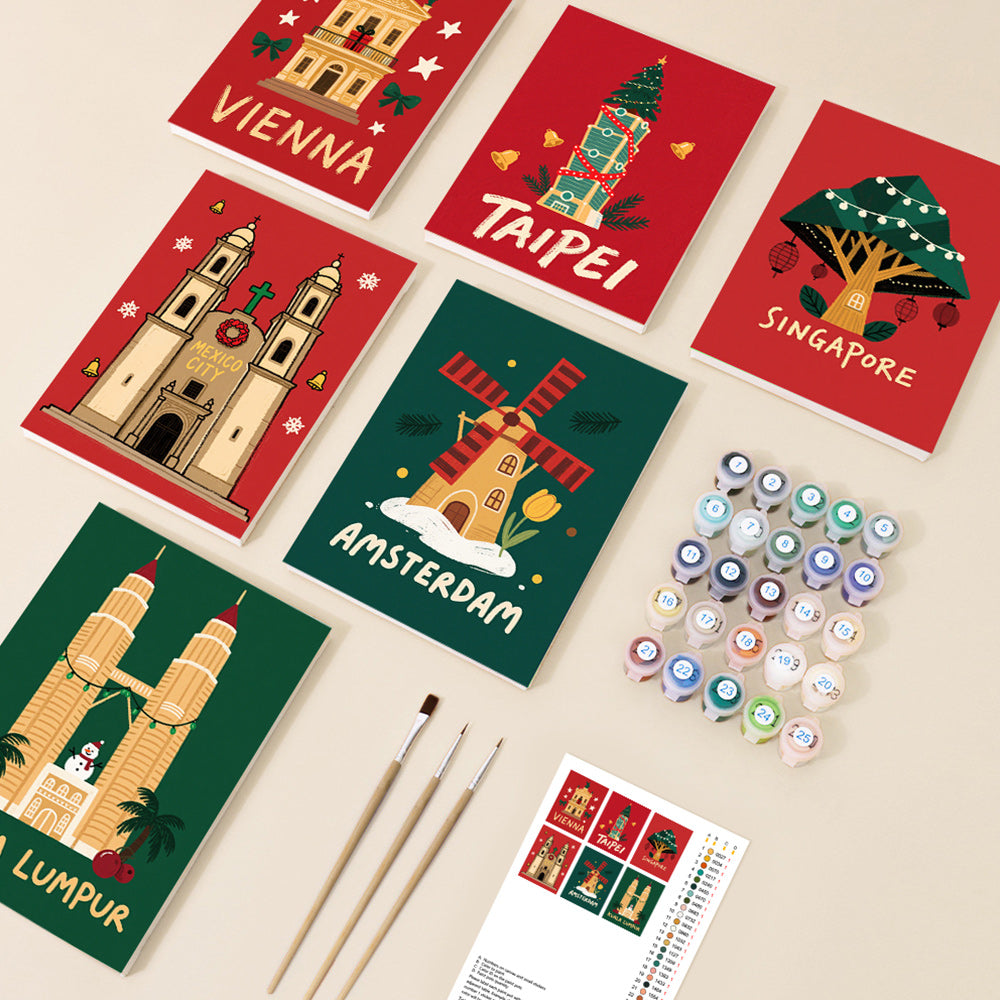 Bezienswaardigheden over de Hele Wereld Vieren Kerstmis 6 Stuks Mini Schilderen op Nummers
