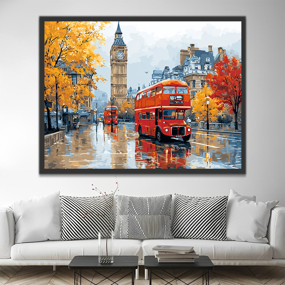 Big Ben en Rode Dubbeldekkerbus in de Regen Schilderen op Nummers