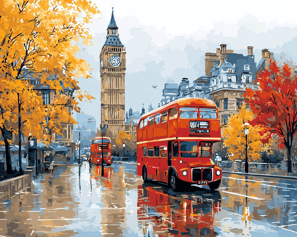 Big Ben en Rode Dubbeldekkerbus in de Regen Schilderen op Nummers