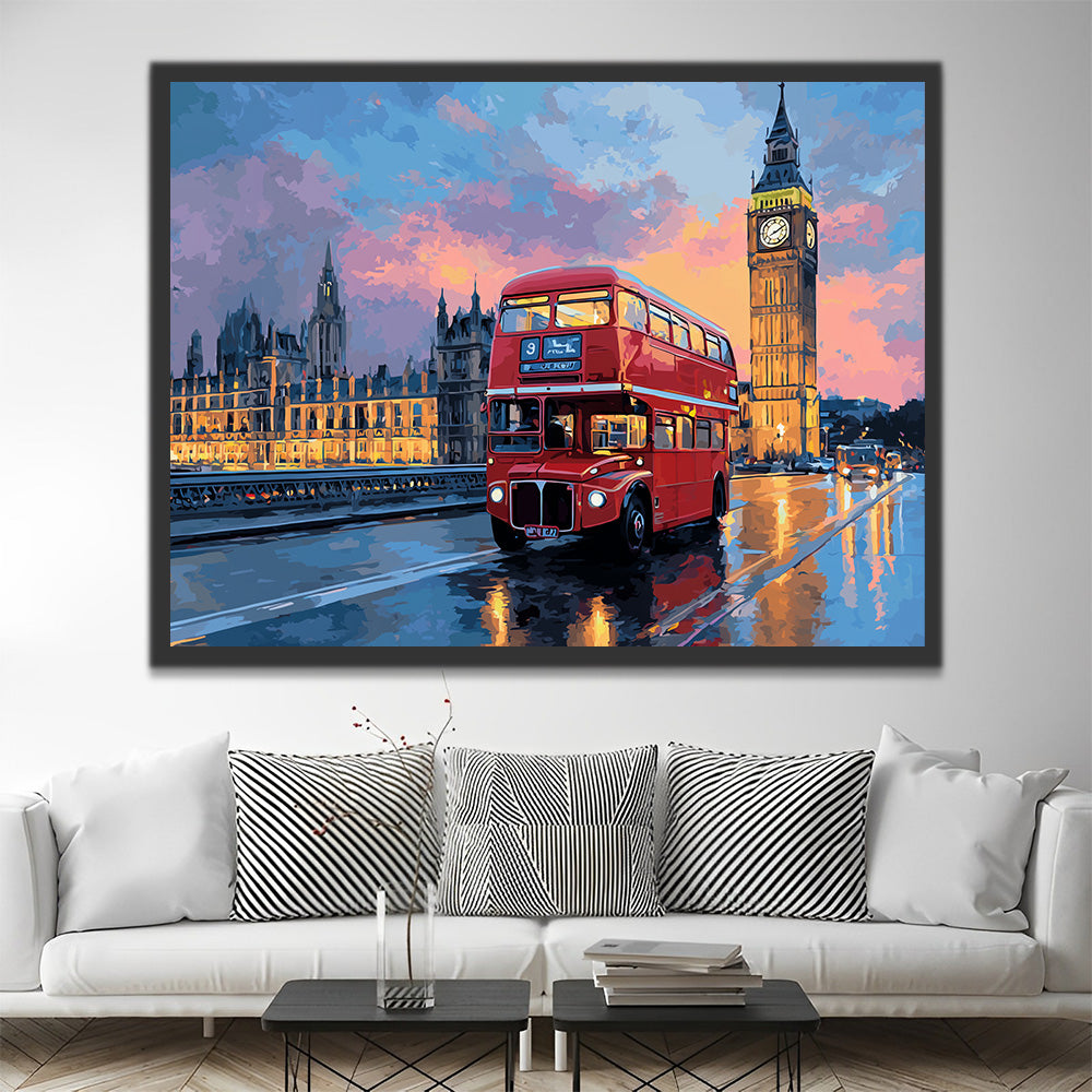 Big Ben en Rode Dubbeldekkerbus ’s Nachts Schilderen op Nummers