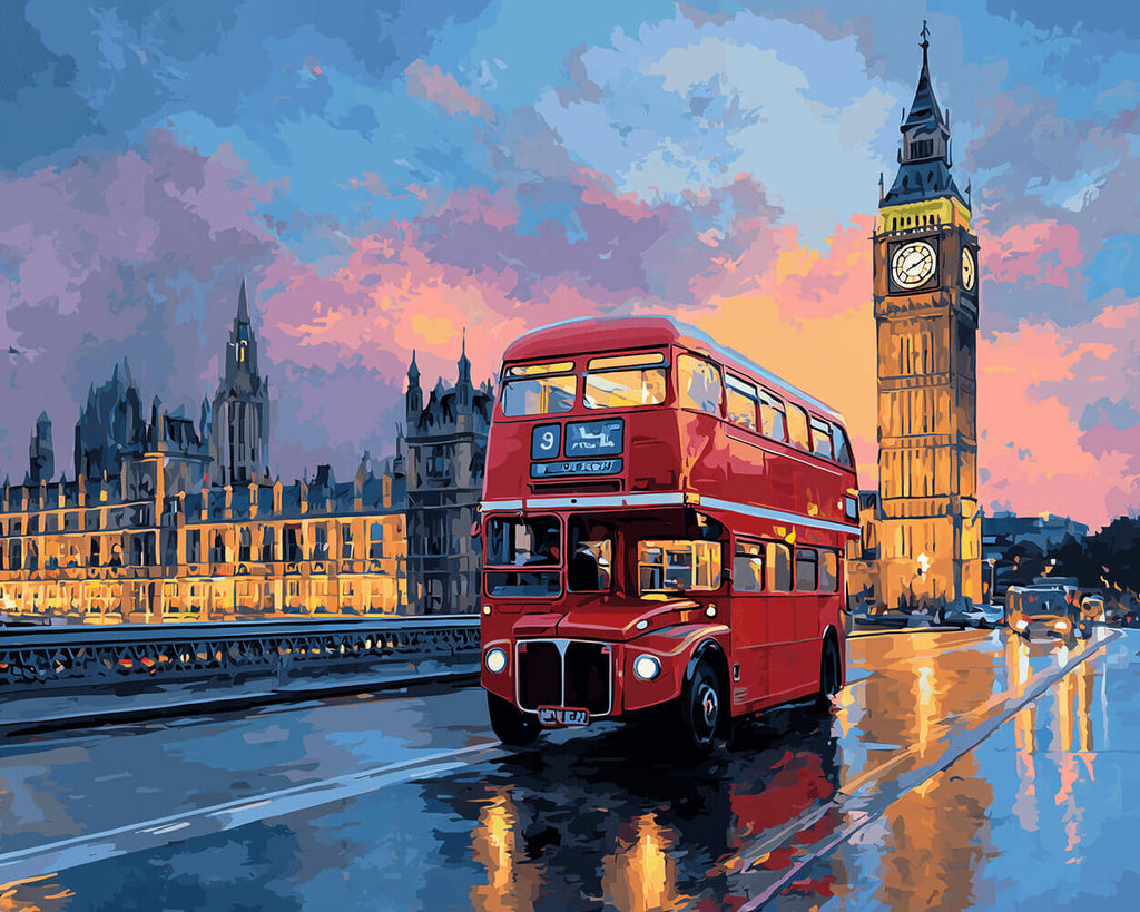 Big Ben en Rode Dubbeldekkerbus ’s Nachts Schilderen op Nummers