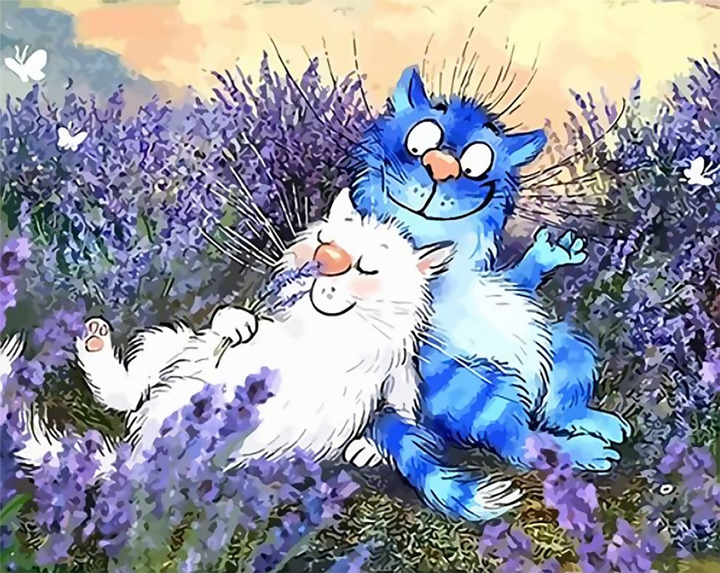 Blauw en Witte Katten in een Lavendelstruik Schilderen op Nummers