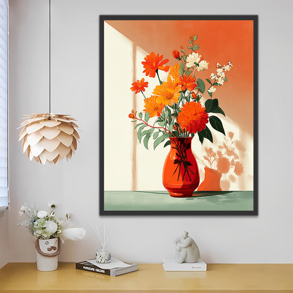 Bloeiende Chrysanten in Oranje Vaas Schilderen op Nummers