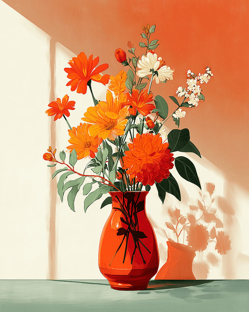 Bloeiende Chrysanten in Oranje Vaas Schilderen op Nummers
