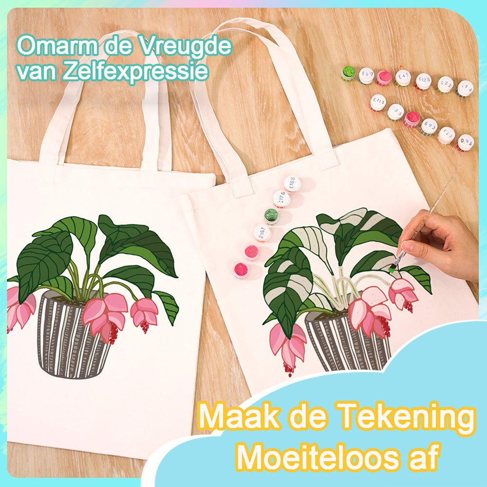 Bloemen en Bladeren in Glazen Vaas Canvas Tote Bag Schilderen op Nummers