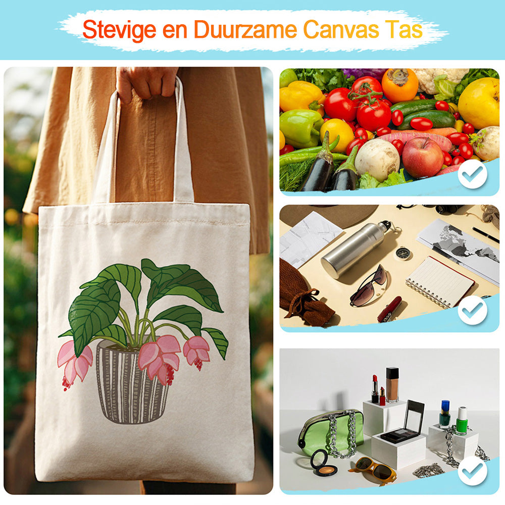 Bloemen en Bladeren in Glazen Vaas Canvas Tote Bag Schilderen op Nummers