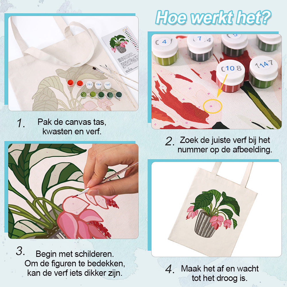 Bloemen en Bladeren in Glazen Vaas Canvas Tote Bag Schilderen op Nummers