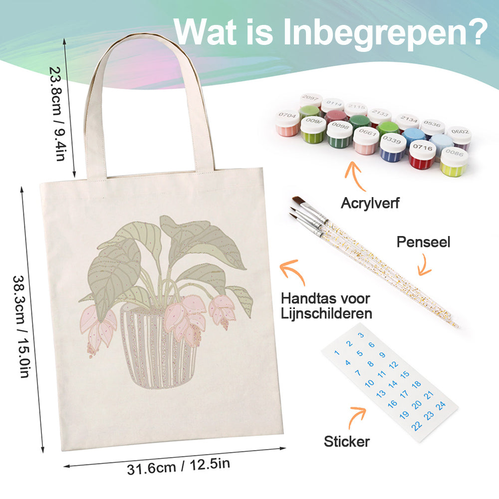Bloemen en Bladeren in Glazen Vaas Canvas Tote Bag Schilderen op Nummers