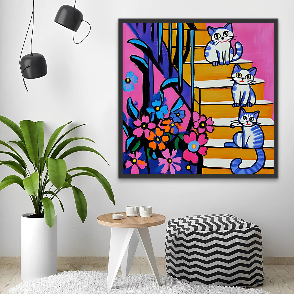Bloemen en Katten op de Trap Schilderen op Nummers