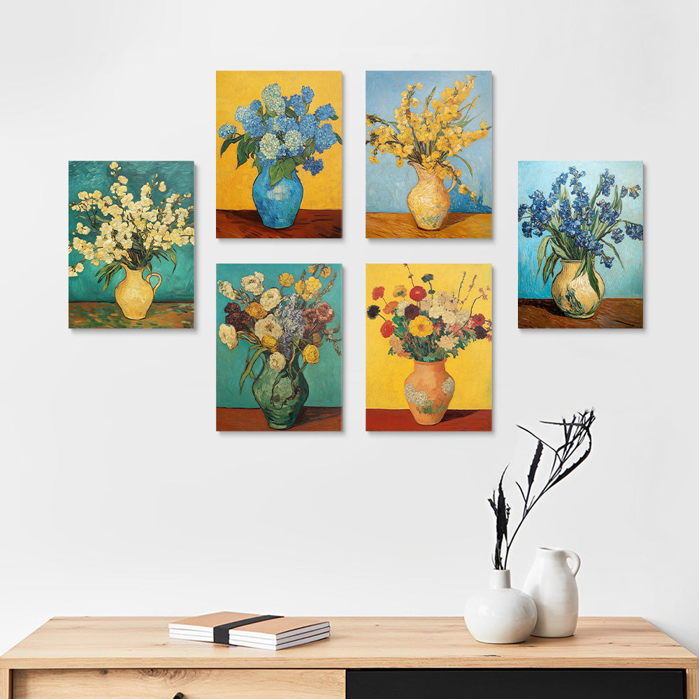 Bloemen in Vazen in de Stijl van Van Gogh 6 Stuks Mini Schilderen op Nummers