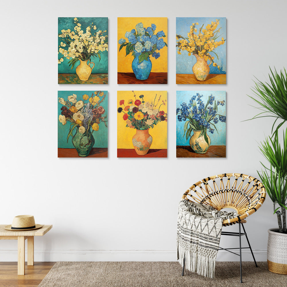 Bloemen in Vazen in de Stijl van Van Gogh 6 Stuks Mini Schilderen op Nummers