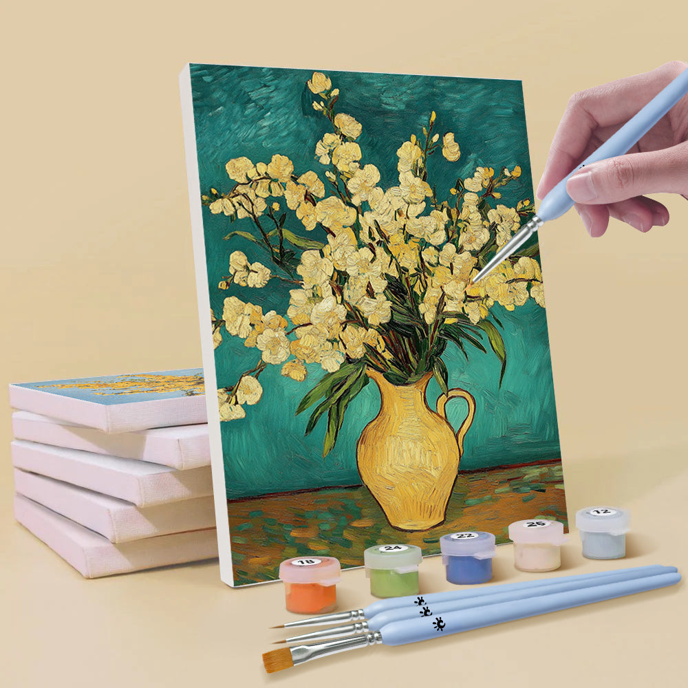 Bloemen in Vazen in de Stijl van Van Gogh 6 Stuks Mini Schilderen op Nummers