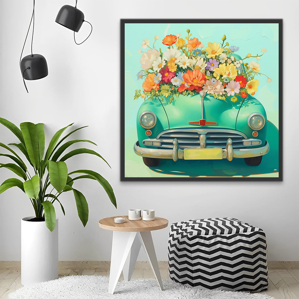 Bloemen op een Groene Auto Schilderen op Nummers