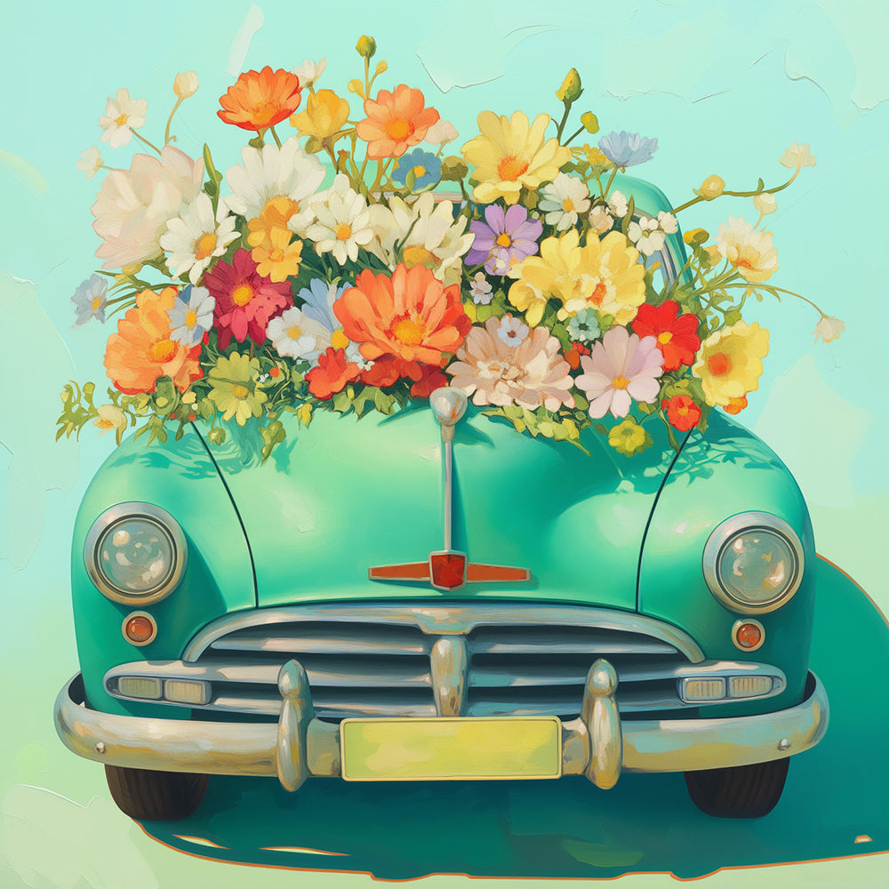 Bloemen op een Groene Auto Schilderen op Nummers