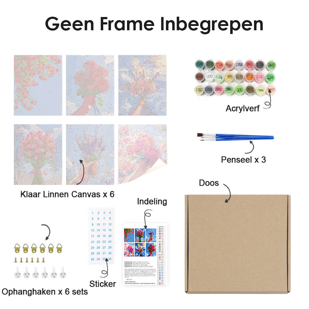 Bloemenboeketten onder Blauwe Lucht 6 Stuks Mini Schilderen op Nummers