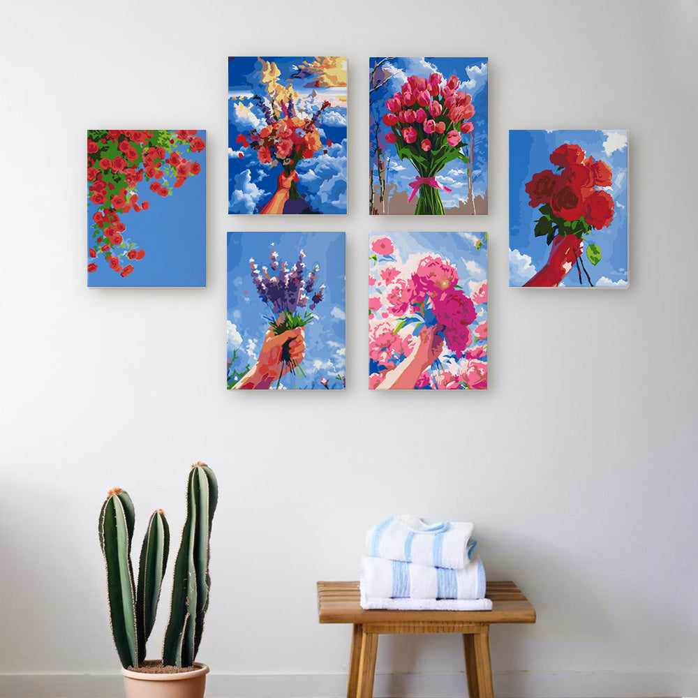 Bloemenboeketten onder Blauwe Lucht 6 Stuks Mini Schilderen op Nummers