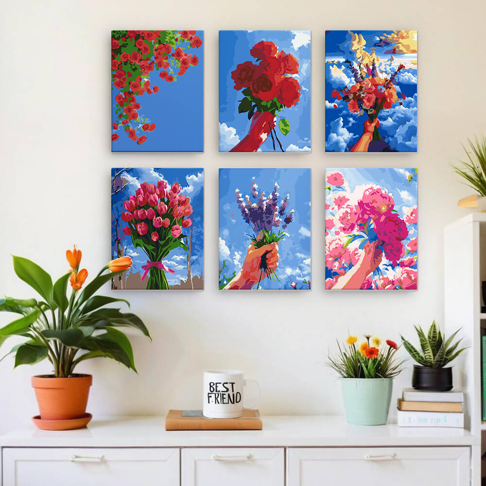 Bloemenboeketten onder Blauwe Lucht 6 Stuks Mini Schilderen op Nummers