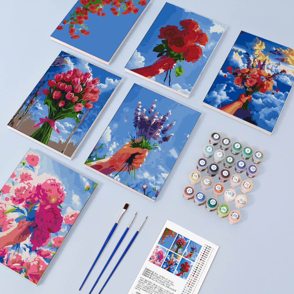 Bloemenboeketten onder Blauwe Lucht 6 Stuks Mini Schilderen op Nummers