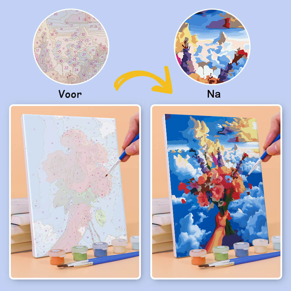 Bloemenboeketten onder Blauwe Lucht 6 Stuks Mini Schilderen op Nummers
