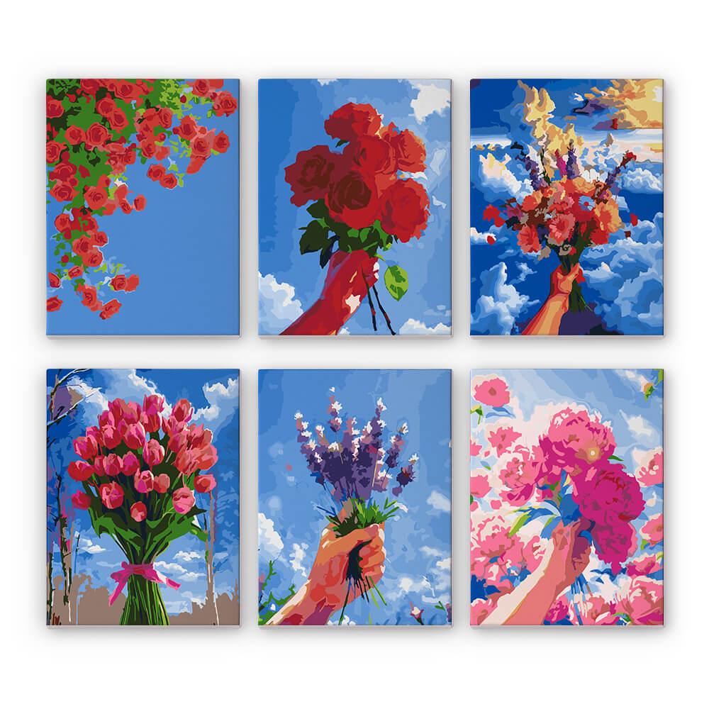 Bloemenboeketten onder Blauwe Lucht 6 Stuks Mini Schilderen op Nummers