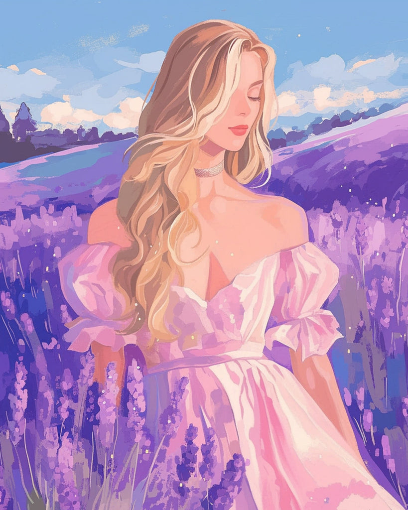 Blond in een Veld met Lavendelkleurige Bloemen Schilderen op Nummers