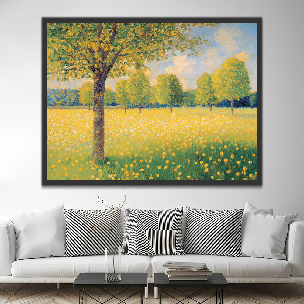 Boom op een Gele Bloemenweide Schilderen op Nummers