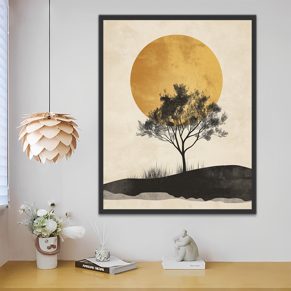 Boom op een Heuvel met de Zon op de Achtergrond Schilderen op Nummers