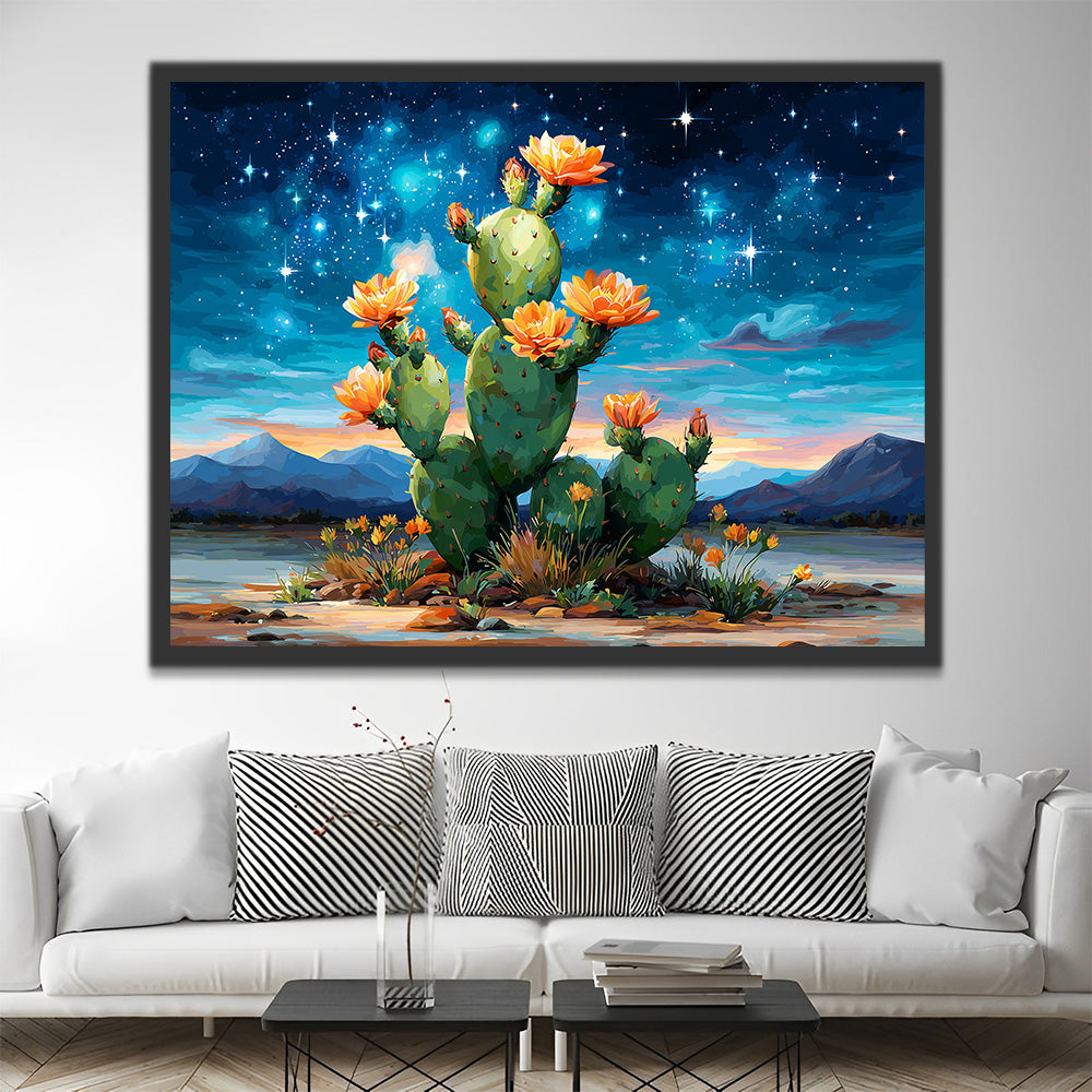 Cactus in Bloei onder de Sterrenhemel Schilderen op Nummers