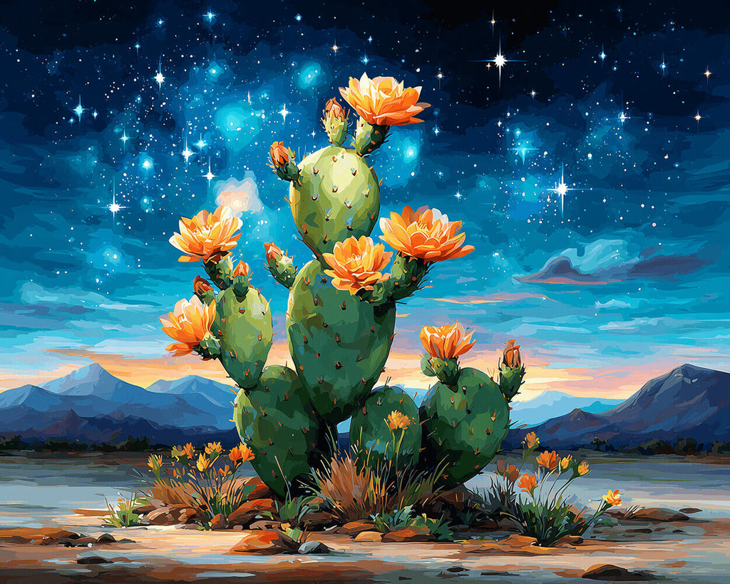 Cactus in Bloei onder de Sterrenhemel Schilderen op Nummers